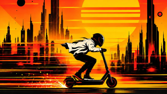 Rider sur une trottinette électrique débridée roulant à grande vitesse dans une ville futuriste