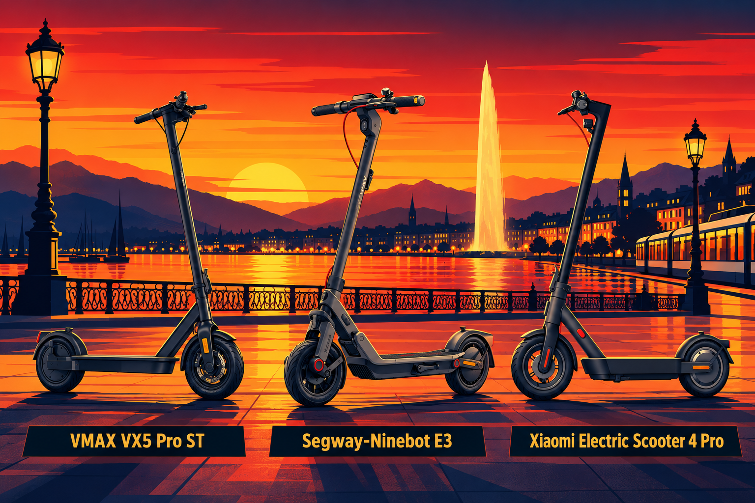 VMAX VX5 Pro ST, Segway-Ninebot E3 et Xiaomi Electric Scooter 4 Pro sur les quais de Genève au coucher du soleil