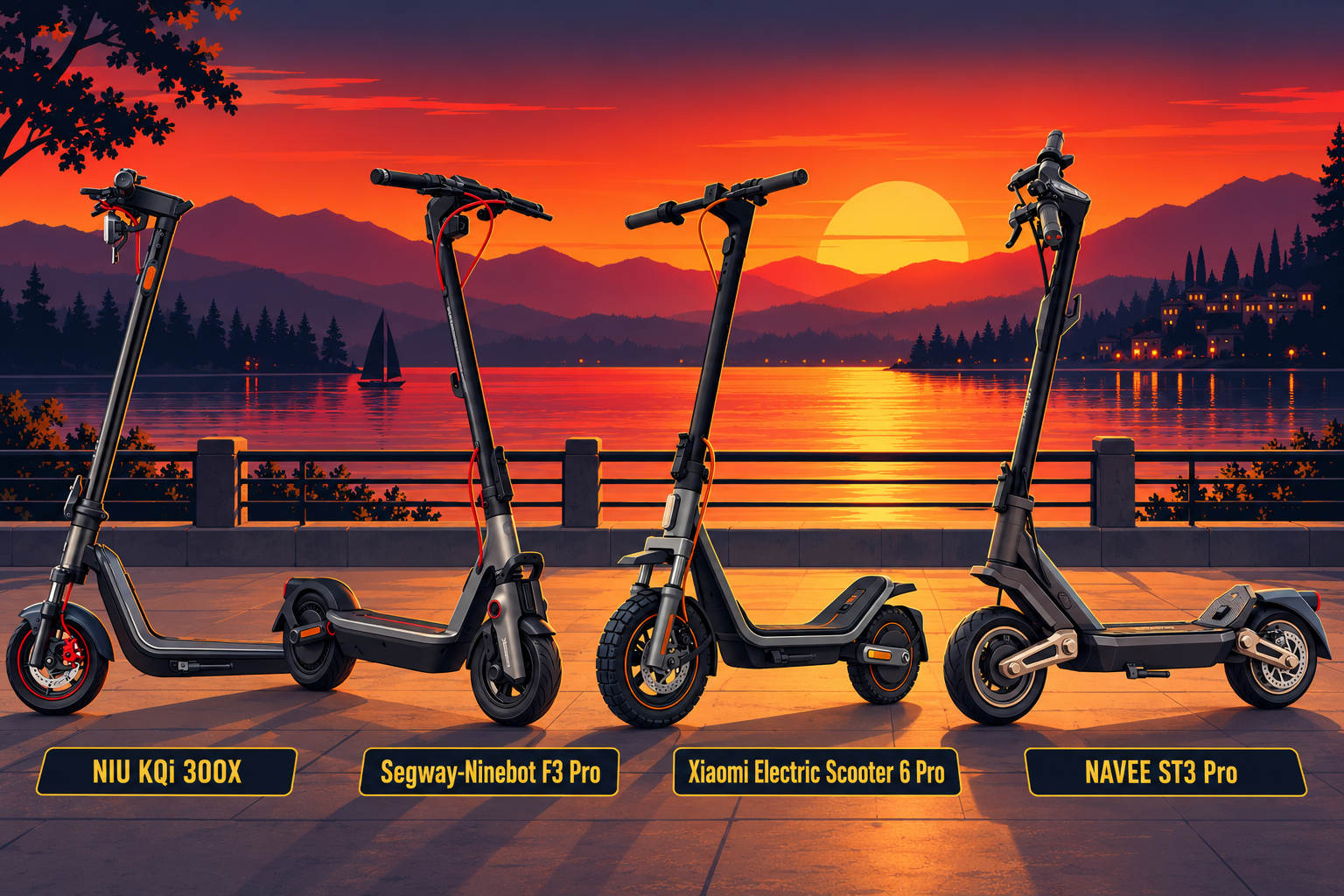 NIU KQi 300X, Segway-Ninebot F3 Pro, Xiaomi Electric Scooter 6 Pro et NAVEE ST3 Pro au bord d'un lac au coucher du soleil