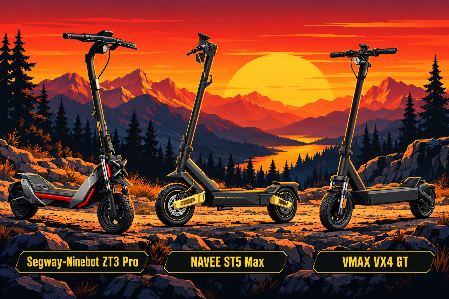 Segway-Ninebot ZT3 Pro, NAVEE ST5 Max et VMAX VX4 GT sur un chemin de montagne au coucher du soleil