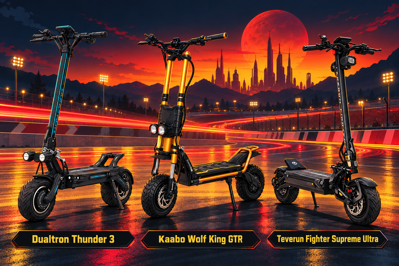 Dualtron Thunder 3, Kaabo Wolf King GTR et Teverun Fighter Supreme Ultra sur un circuit de nuit